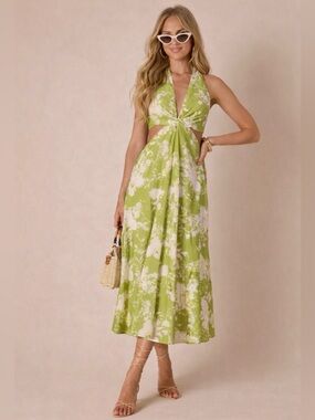 BRAND NEW - Vici Colllection Green Floral Halter Midi Dress - Size Medium